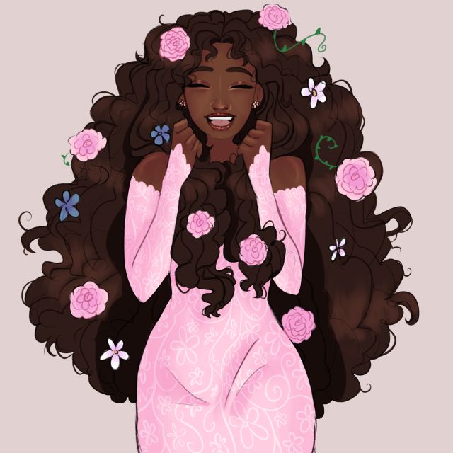 this digital illustration shows a young woman with dark brown skin and long, curly brown hair that is adorned with flowers. she is wearing a pink dress with a floral pattern and has a happy expression on her face. she appears to be laughing.