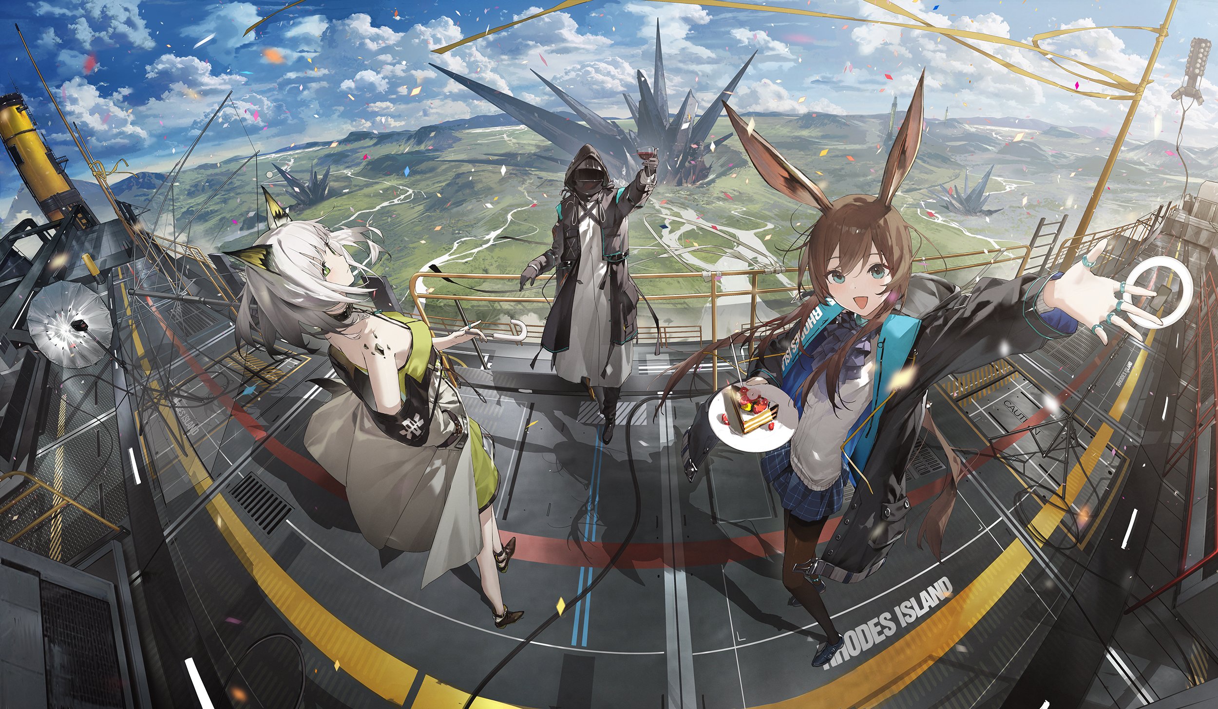 he image is a vibrant digital artwork depicting three animestyle girls celebrating on a futuristic rooftop. one girl has rabbit ears, another has catlike ears, and a third is in a hooded coat. they're surrounded by confetti, and one is holding a piece of cake. the background features a sprawling futuristic cityscape with large, pointed structures. the overall style is dynamic and energetic, with a wideangle or fisheye perspective enhancing the sense of scale and excitement. the art style suggests a connection to the game arknights, based on the inclusion of "rhodes island" in the artwork.