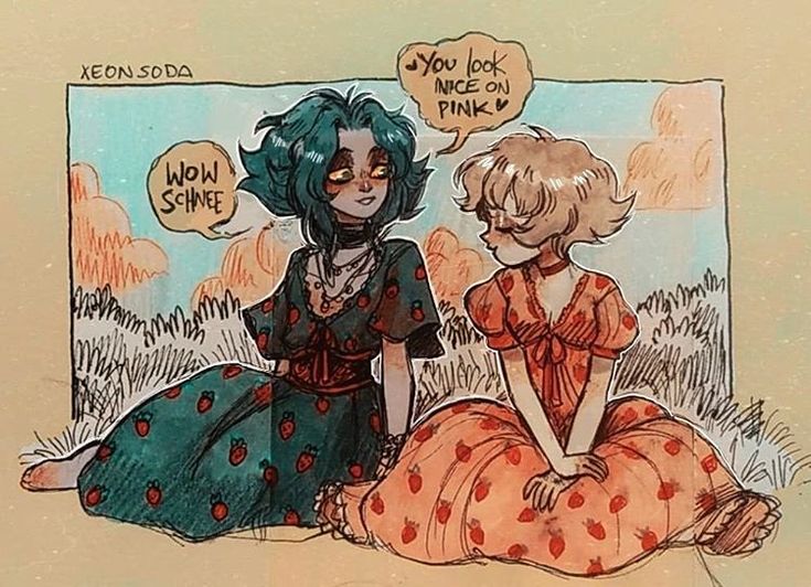 the image is a cartoon illustration of two girls sitting in a field of grass, wearing dresses. they are both smiling. the girl on the left is wearing a green dress with strawberries on it and has blue hair and yellow eyes. the girl on the right has blonde hair and is wearing a pink dress with strawberries on it. the girl on the left is saying "wow schne", and the girl on the right is saying "you look nice on pink". the background is a blue and white sky with clouds. there are also some red flowers in the background.