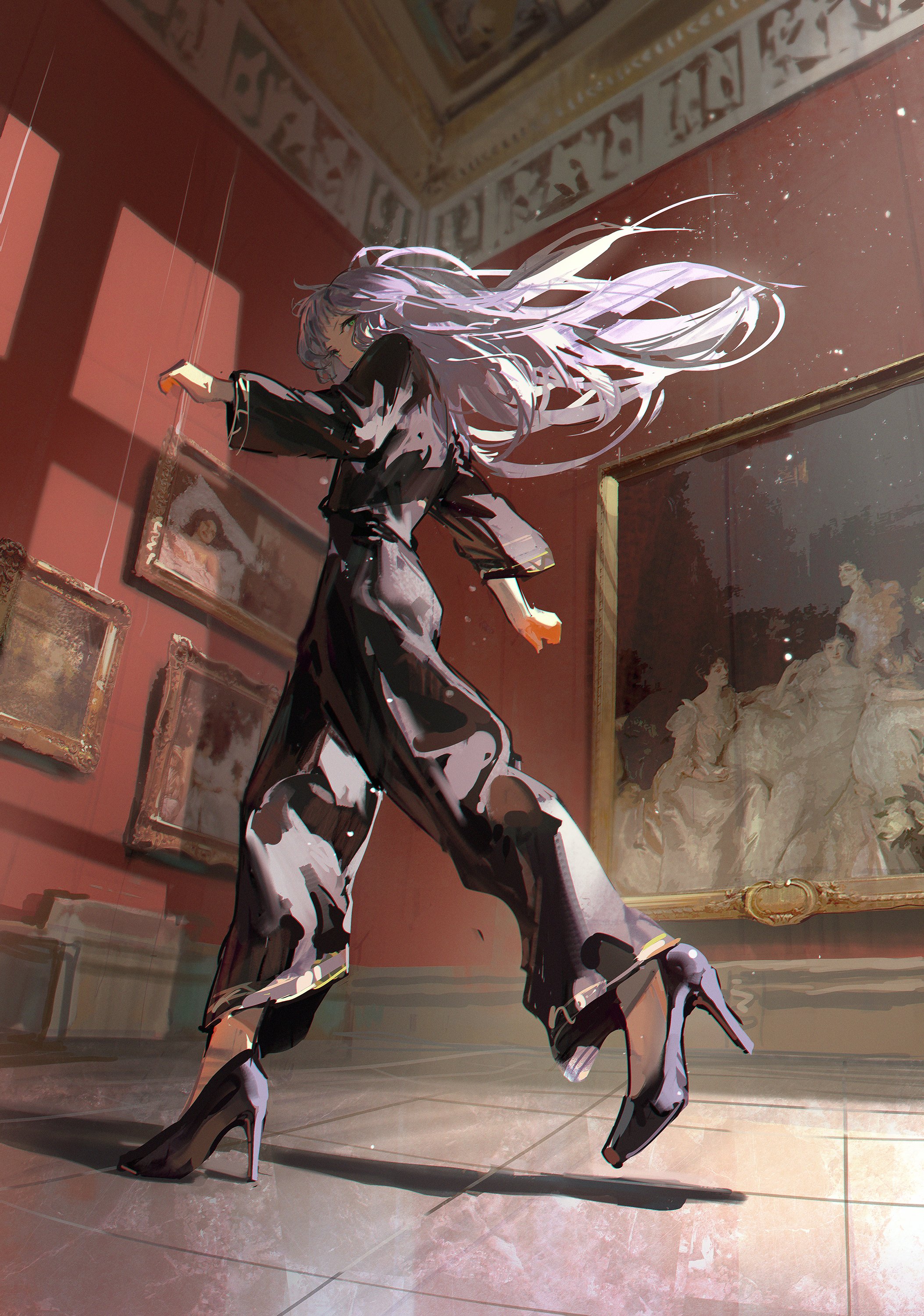 the image features an anime girl with long purple hair. she's wearing a black outfit and high heels as she walks through an art gallery. the walls are red and there are paintings hanging on them. the light and shadow create a dramatic effect. the girl's elegant style and the overall atmosphere of the gallery suggest a sophisticated and cultured setting.