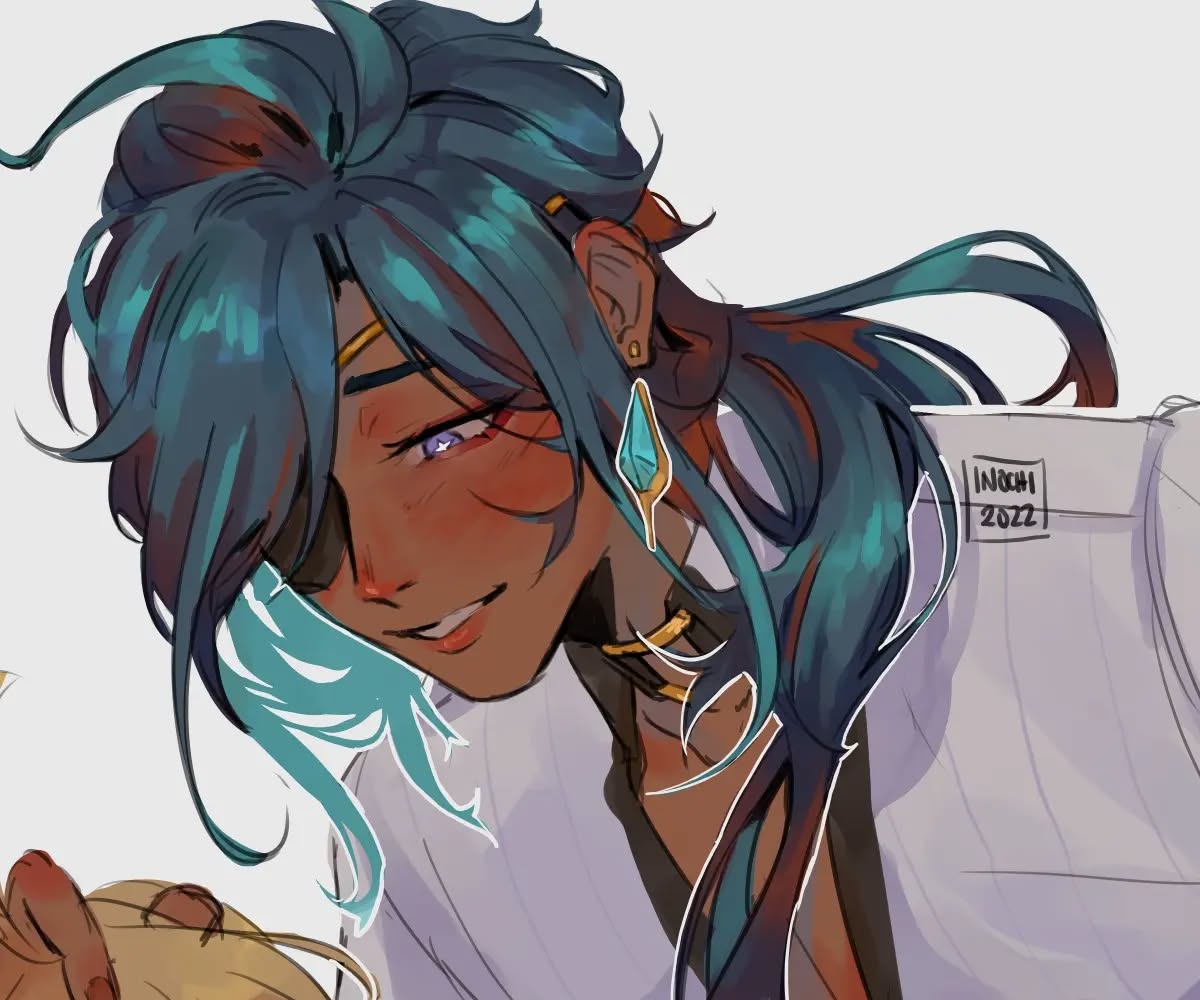 the image is a digital drawing or painting of a male animestyle character. he has long, flowing teal hair styled up, a brown complexion, and an eyepatch covering his left eye. he's wearing a white collared shirt or similar garment, gold jewelry, and what appears to be a teal earring. he has a slight smirk on his face and his skin shows light blushing. the art style is loose and painterly, not sharply defined. a small artist's signature and date (inochi 2022) are visible on his shoulder.  the character is shown from the chest up, with a hint of blonde hair in the bottom left corner suggesting another character may be present. the overall mood is subtle and intriguing. the style is reminiscent of fanart, possibly from a game like genshin impact, given the character's design.