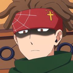 a closeup portrait of a young man with brown dreadlocks partially covered by a red headband. he has a serious expression with tired eyes, accentuated by the shading. the environment implies he's indoors. his attire features an olive green turtleneck.  the image style suggests he's an anime character.