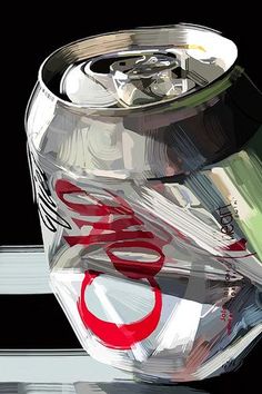 a crushed cocacola can sits on a surface, illuminated by natural light from the upper right.  rendered in a hyperrealistic, illustrative style.