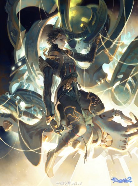 this digital art piece showcases a male anime character wielding a weapon against a robotic, mechanized enemy. the scene is filled with action and energy, with the character's pose conveying a sense of strength and determination. the futuristic setting, complete with the character's hightech armor and the robot's intricate design, adds to the overall scifi and fantasy atmosphere of the illustration. the artwork's vibrant colors and dynamic composition create a visually compelling and exciting experience for viewers.