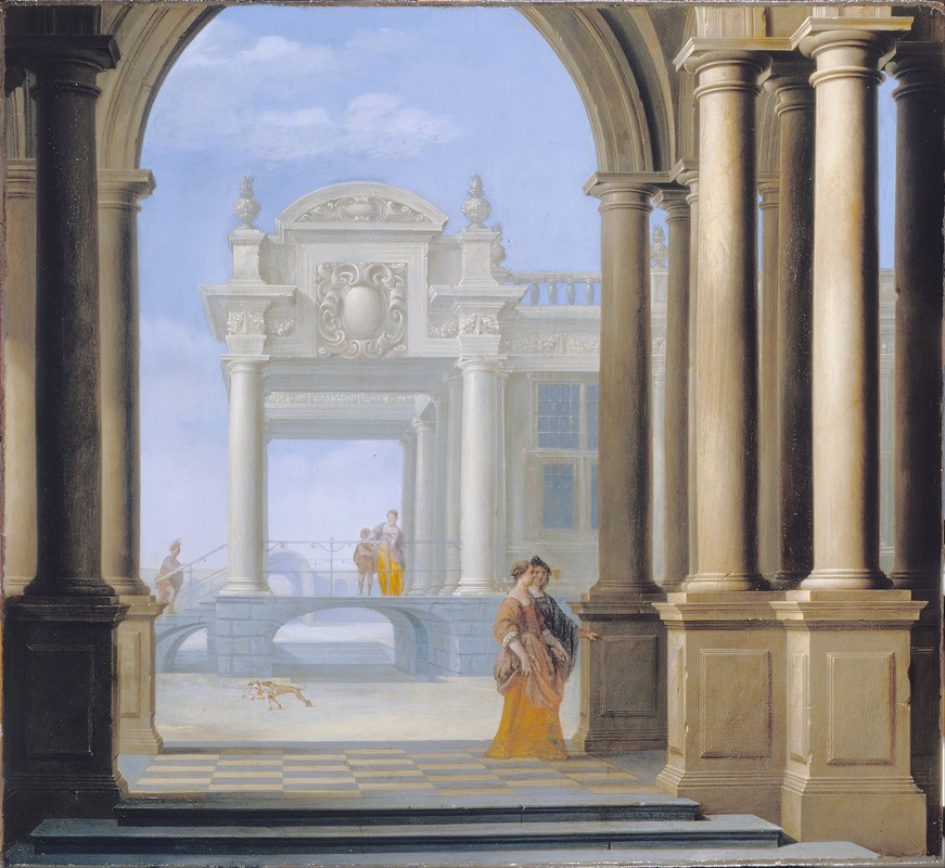 the painting depicts a classical architectural scene, featuring a courtyard framed by a grand archway supported by columns. in the foreground, a checkered floor leads to a woman standing near the columns, dressed in a yellow and brown robe. beyond the archway, figures are seen on a bridge with a building in the background. a dog is running across the courtyard. the overall style is reminiscent of old masters paintings.