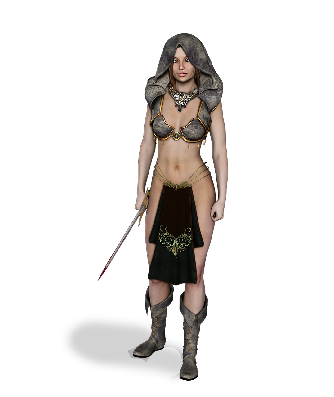 a fullbody digital rendering shows a warrior woman with a sword against a black background. she wears a grey hood and decorative leather armour and boots. the blade of her sword has blood on the tip.