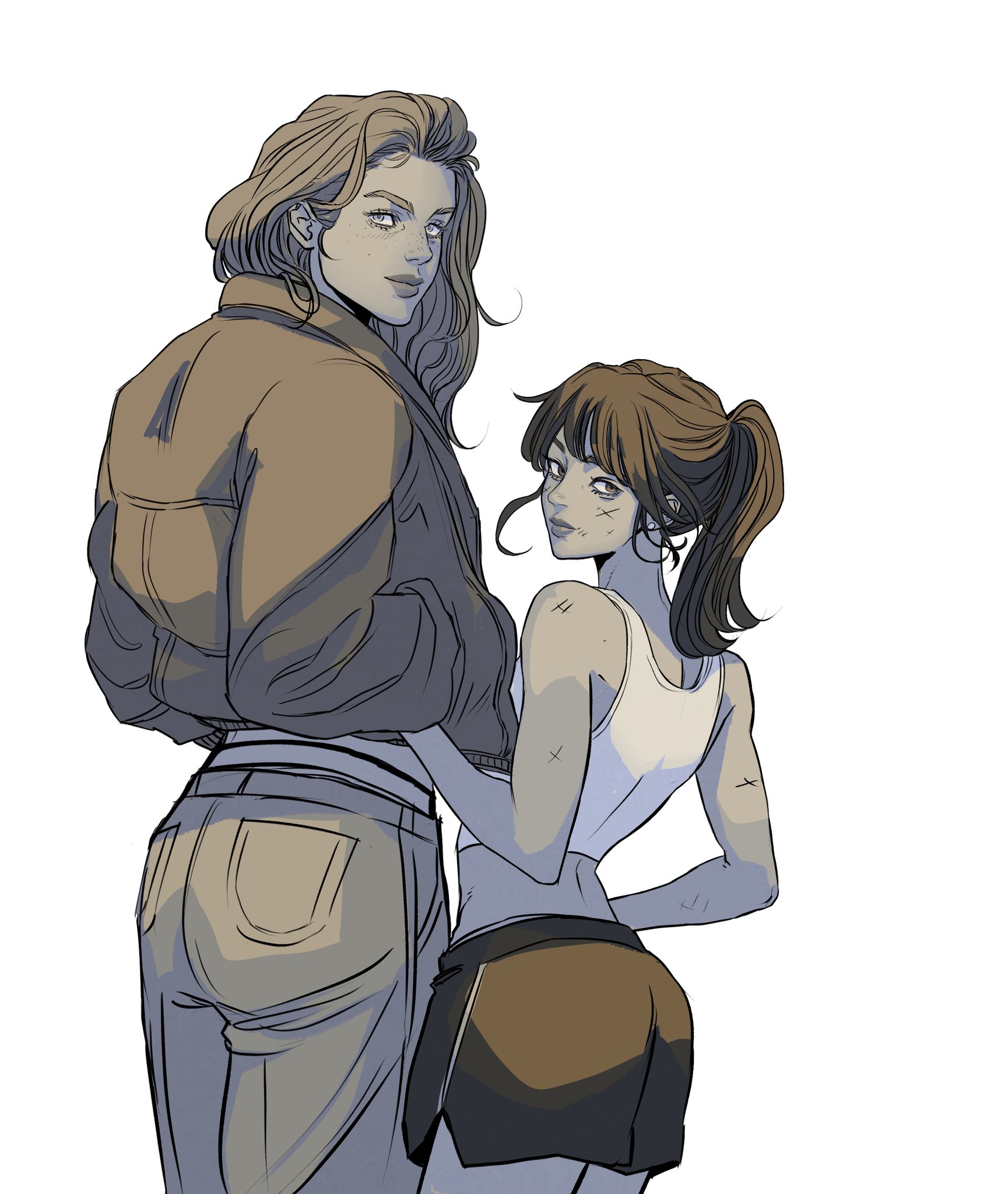 a digital drawing of two women standing sidebyside. the taller woman is wearing a large jacket and jeans, while the shorter woman has a tank top and a short skirt. both are looking back at the viewer with a casual expression. there is a bruise on the shorter woman’s cheek and several small bruises on her arms. the taller woman has long hair and is wearing earrings. the background is plain white.