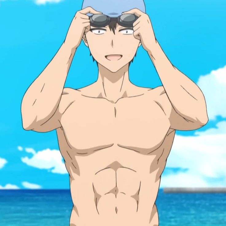 a shirtless anime man with a muscular six pack is holding up his swimming goggles. he is standing on a beach and smiling with confidence.