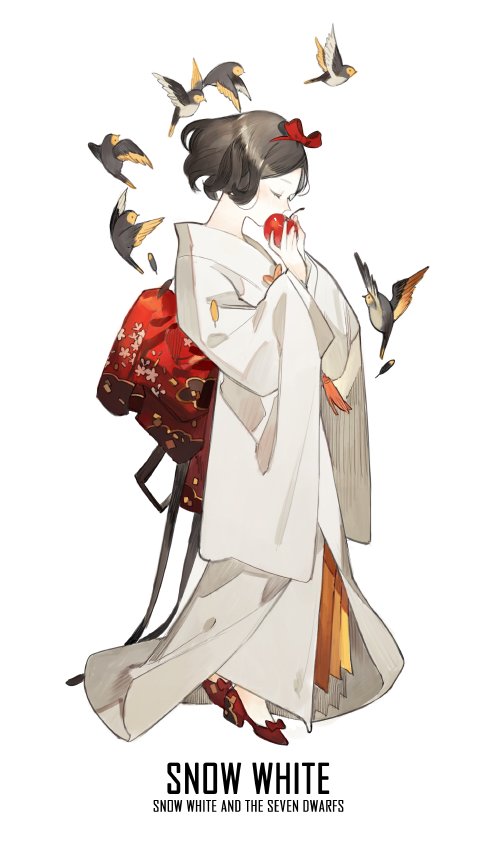 a digitally drawn illustration of snow white from the fairy tale "snow white and the seven dwarfs." she is wearing a white kimono with red and yellow accents. she is holding a red apple in her hand and looking down at it with her eyes closed. there are several birds flying around her, some of which are holding apples in their beaks.