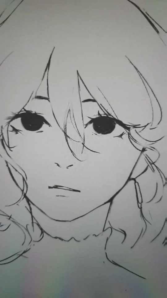 the image is a black and white drawing of an animestyle girl.  her expression is neutral or slightly serious. the style is fairly simple, focusing on the lines and shading of the face and hair.  the hair is shoulderlength and slightly wavy. the eyes are large and dark.  the overall feel is somewhat melancholic.
