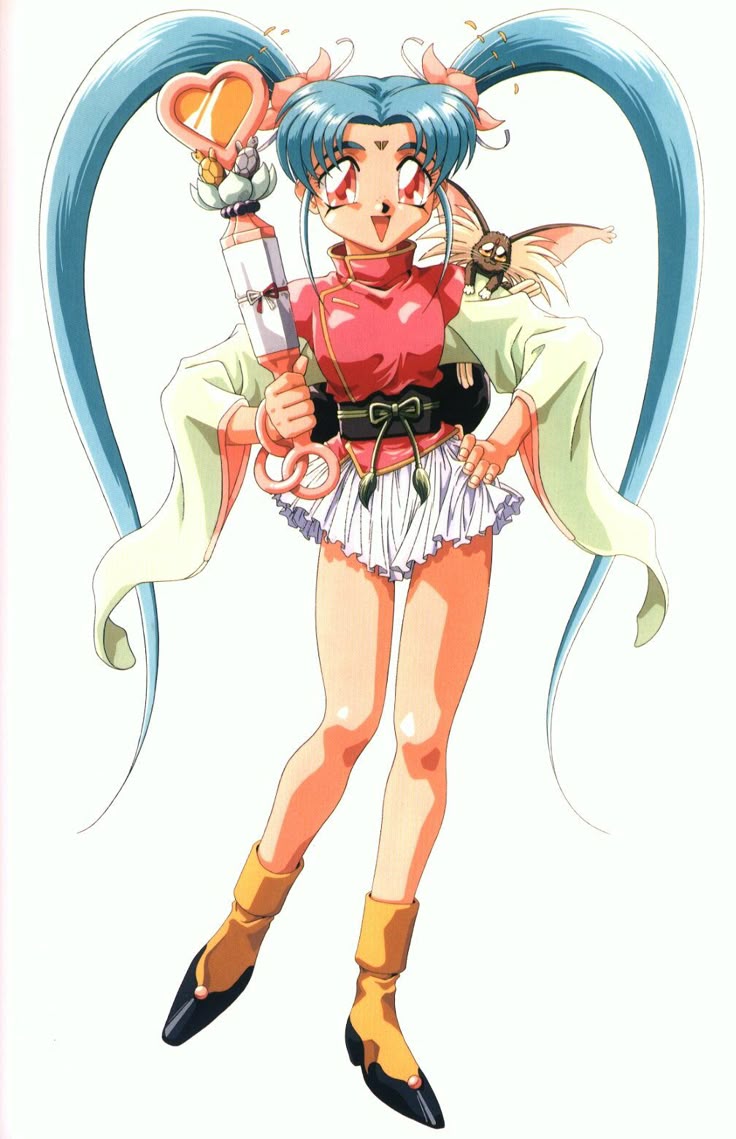 the image shows a fullbody illustration of an anime girl with blue hair styled in pigtails that curve upward. she has large, expressive red eyes and a cheerful smile. she is holding a heartshaped wand with a small animal perched on top. the girl is wearing a pink top, a white skirt, and a green kimonostyle jacket. her footwear consists of gold and black boots. next to her is a small animal companion is seen with large ears. she has a black belt with tassels around her waist. the overall style suggests a fantasy or magical theme.