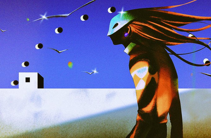 the image is a digital illustration in a surreal and abstract style.  it depicts a lone figure, seemingly human but with stylized features including a mask and long, windblown hair, standing in a minimalist landscape. the figure is dressed in vibrant orange clothing. the background is a vibrant blue sky with several stylized black circles that resemble moons or planets,  small birds flying, and a single small white building in the distance. the overall effect is dreamlike and atmospheric, creating a sense of solitude and mystery. the style is a blend of modern graphic design with surrealist elements, utilizing bold colors and a flat style of rendering.