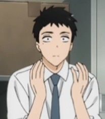 a cartoon drawing of a man with short black hair wearing a white dress shirt and blue tie. the man is making a surprised or shocked expression. his eyes are wide and his mouth is slightly open. he is touching both sides of his neck with his hands. the background is a pale gray color.