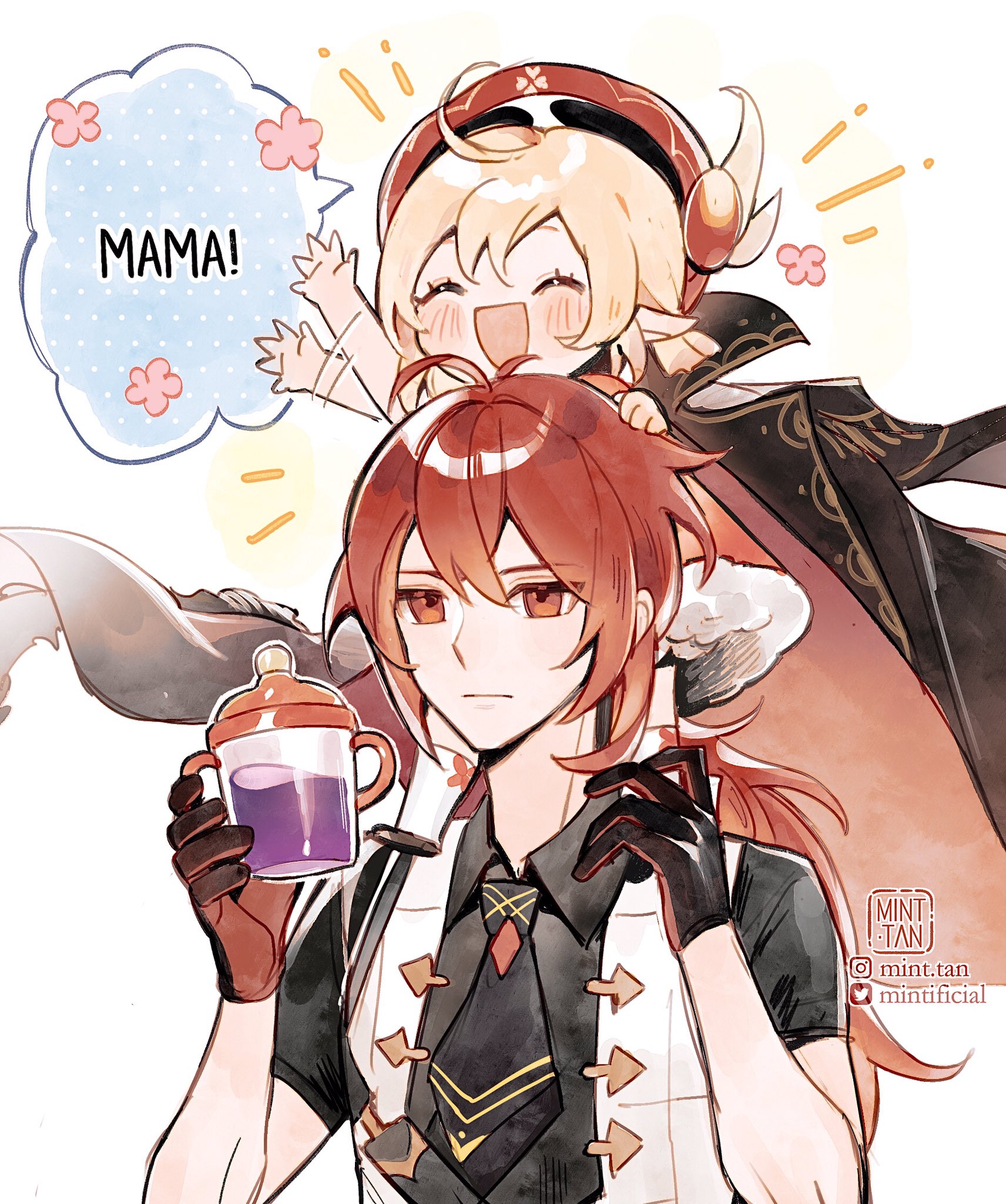 the image is a fan art of the genshin impact characters kazuha and klee. klee is sitting on kazuha's shoulder and calling him "mama". kazuha is holding a bottle of purple milk, and he looks tired and exasperated. the image is drawn in a cute and colorful style and features a soft background.