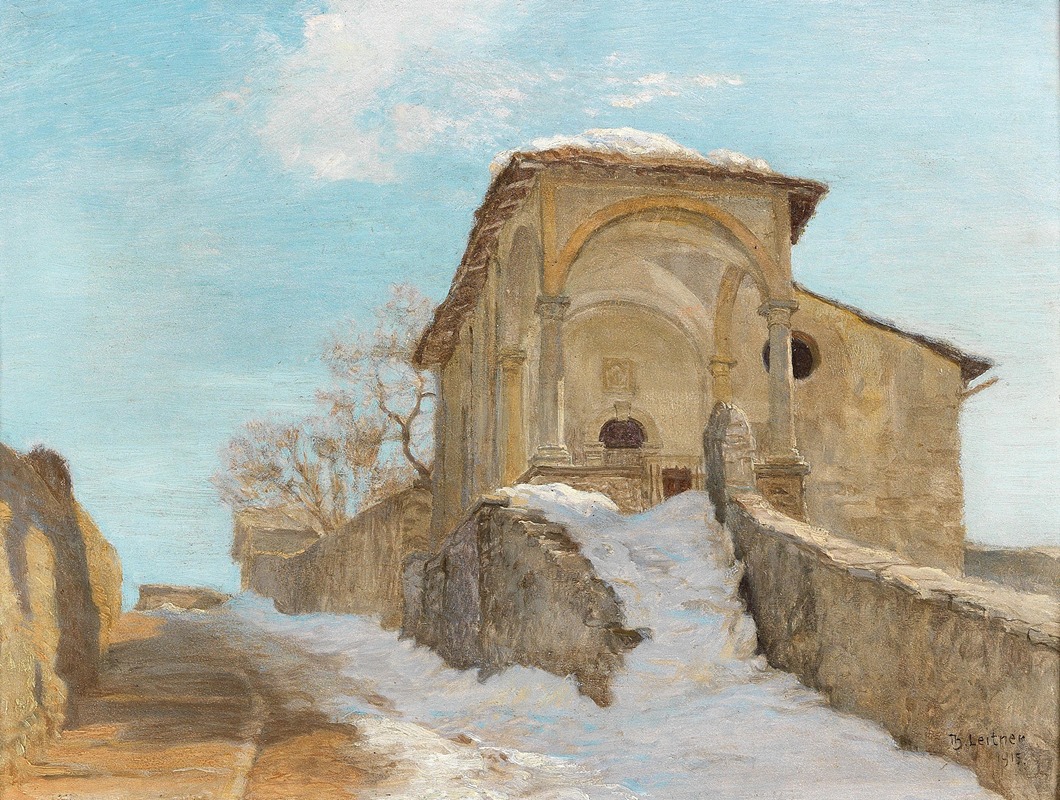 the image is a painting of a building in a winter landscape. the building appears to be a church or chapel with a prominent arched facade supported by columns. snow is visible on the roof and surrounding structures. the sky is light blue with some clouds. a tree without leaves stands to the side of the building. a road or path leads up to the building, and stone walls line the sides. the overall style suggests a european or mediterranean setting. the style of the painting is impressionistic.