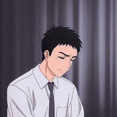 the image shows a sadlooking anime character with short black hair. the man is wearing a white dress shirt and a dark tie. the lighting is soft and the background suggests that he is indoors, likely in a room.  he is looking down and seems upset.