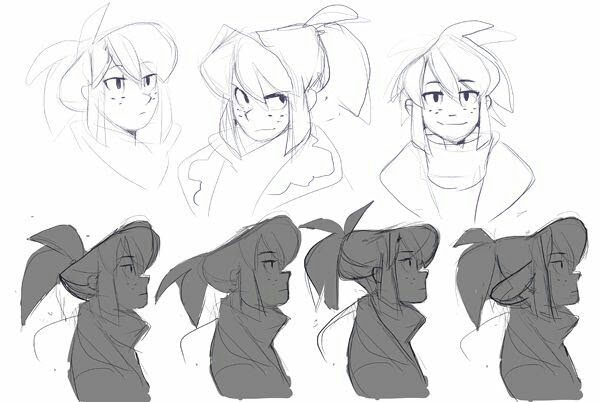 the image contains a collection of character design sketches. each sketch shows a different female character with varying hairstyles and facial expressions. the sketches are drawn in a loose, dynamic style and appear to be part of a character development process.