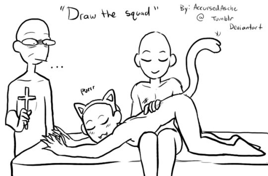 a black and white outline sketch of three people in different poses. the figure on the left is standing with a cross in their hand, the figure on the right is sitting with their legs crossed and is holding onto the figure in the middle. the figure in the middle is lying down on the ground. the figure on the right has a tail. all of the figures are outlined and have no features. the text "draw the squad" is written in the top center of the image.