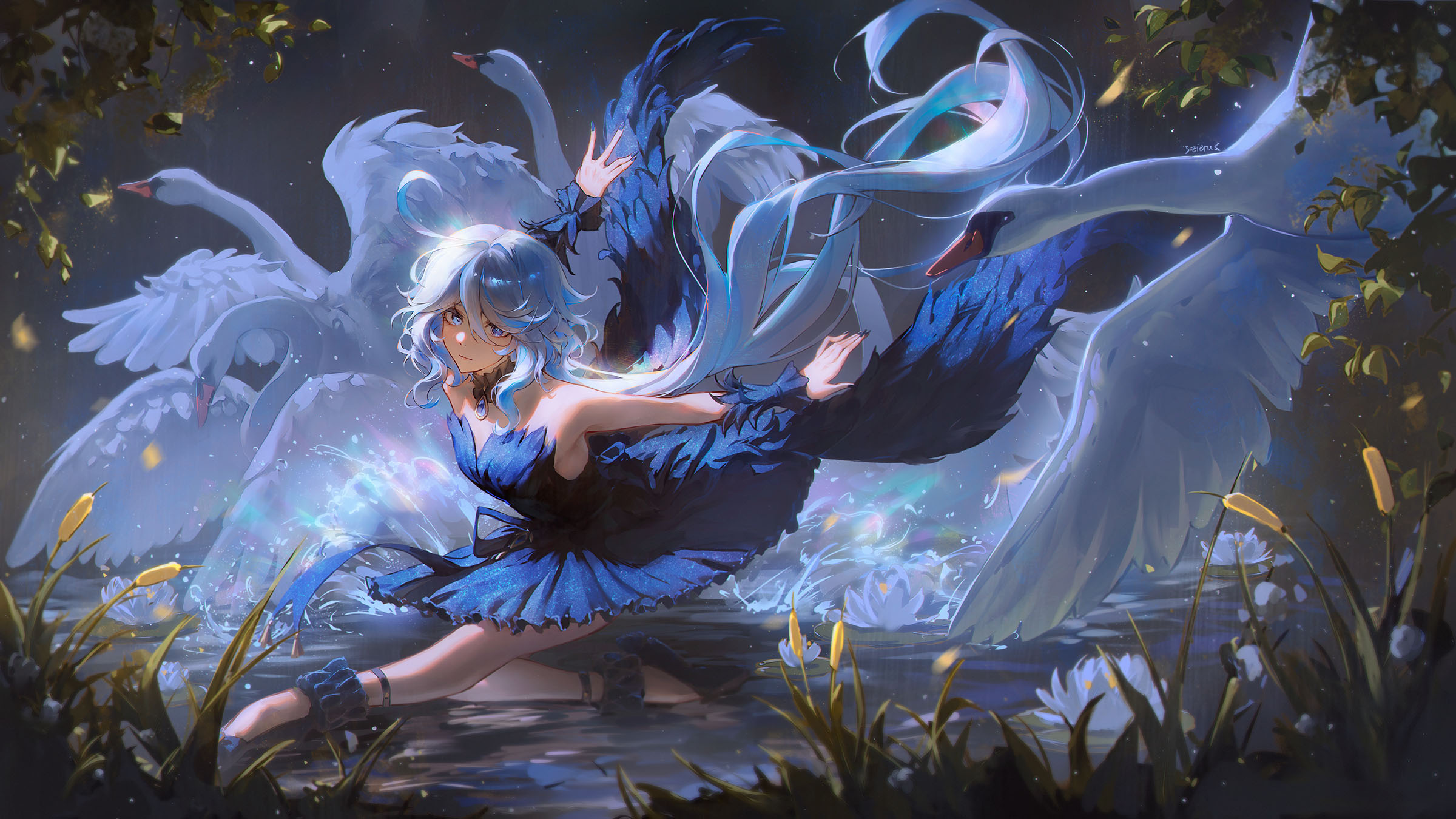 he image depicts a beautiful anime girl with long, flowing blue hair. she is wearing a short, ruffled blue dress and is sitting in shallow water surrounded by several white swans. the scene is set at night, with a serene and peaceful atmosphere. the girl appears to be magical, with a shimmering effect around her. the artwork is highly detailed and expertly rendered, with a focus on creating a dreamy and ethereal mood. the overall style is reminiscent of fantasy art, with elements of both realism and stylization.