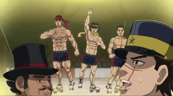 five muscular men are lined up in front of a crowd, seemingly participating in a roller derby competition. three of the men are in various poses of celebration, while the remaining two seem downtrodden. the man on the far right is wearing a military uniform, complete with a hat that obscures his eyes.