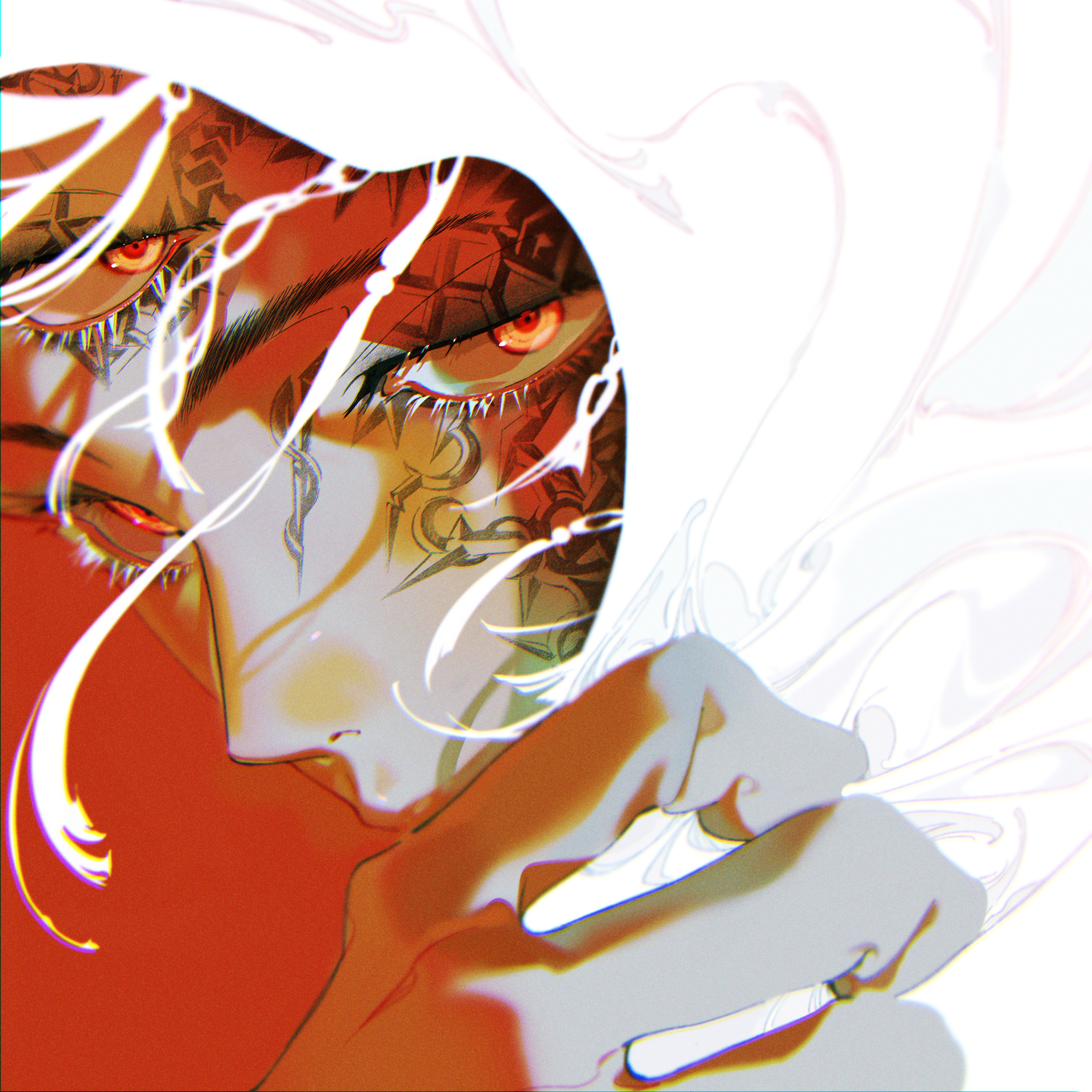 a digital art portrait of a young man with striking red eyes and intricate tattoos adorning his face. the artwork features a limited color palette of red, white, and black, with a focus on the subject's intense gaze. the man's white hair partially obscures his face, adding an air of mystery to the composition. the background is an abstract blend of red and white, further emphasizing the subject's prominence in the image.