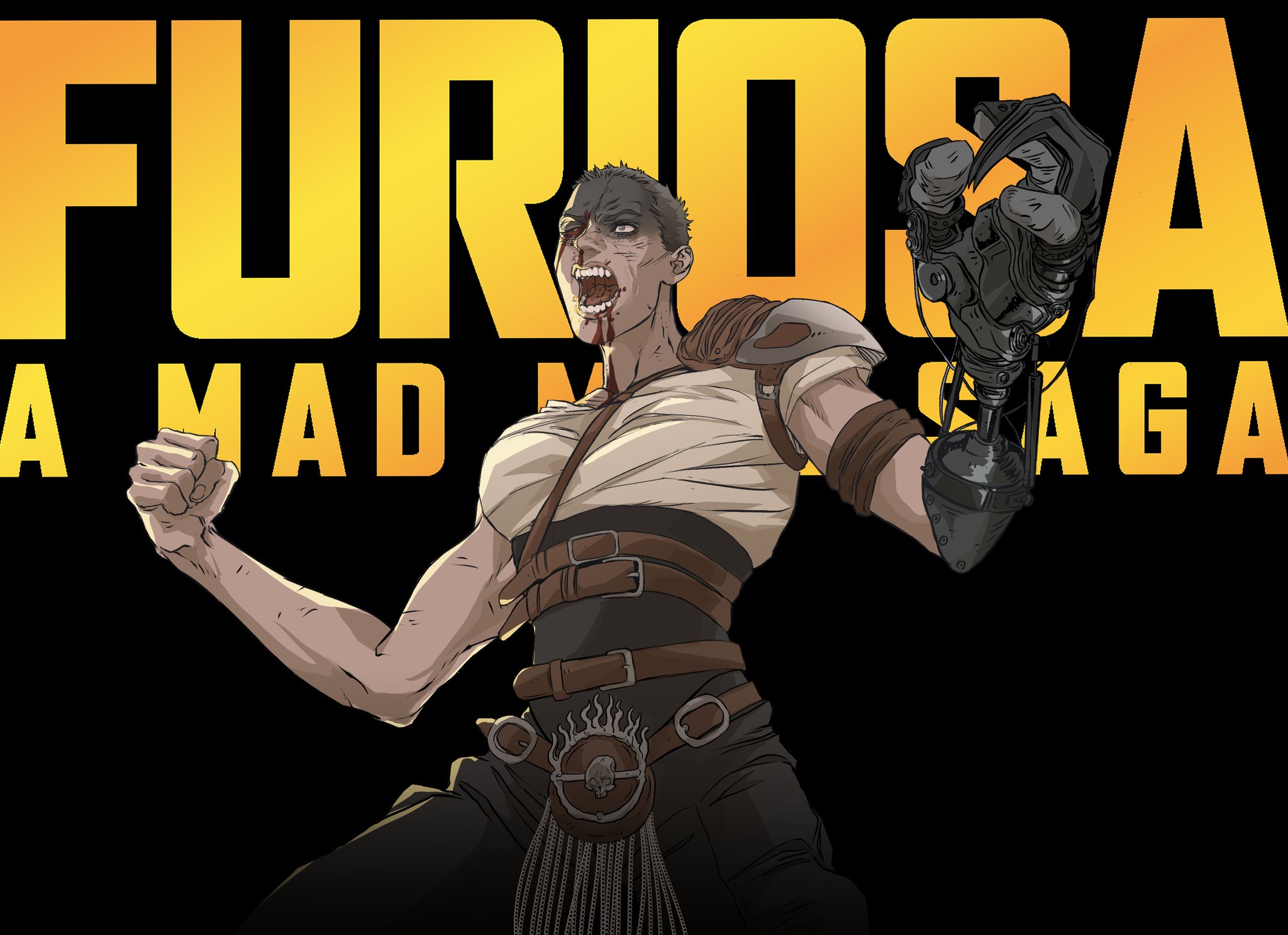 this is an illustration of furiosa from "a mad saga" in an action pose. she is depicted as a female warrior with a prosthetic arm, her mouth open and blood visible on her face, indicating intensity or injury. she is wearing postapocalyptic attire with belts and a shoulder pad. in the background, the words "furiosa" and "a mad saga" are written in yellow text.