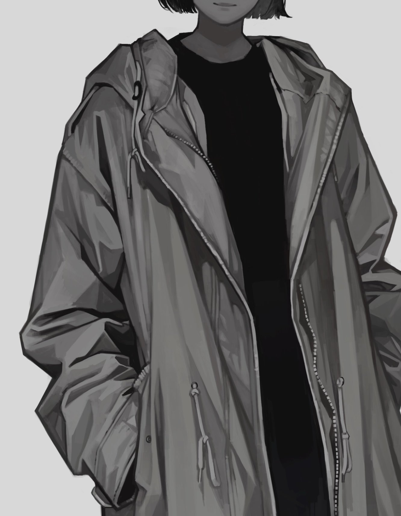 he image is a grayscale illustration of an anime girl wearing an oversized hooded raincoat or jacket. the coat is light gray and has a drawstring hood. the girl is wearing a black shirt or dress underneath. her hair is short and styled in a bob. the overall style is minimalist yet detailed, showcasing the texture and folds of the clothing.  the artwork is likely digital, focusing on fashion and character design elements common in anime and manga.