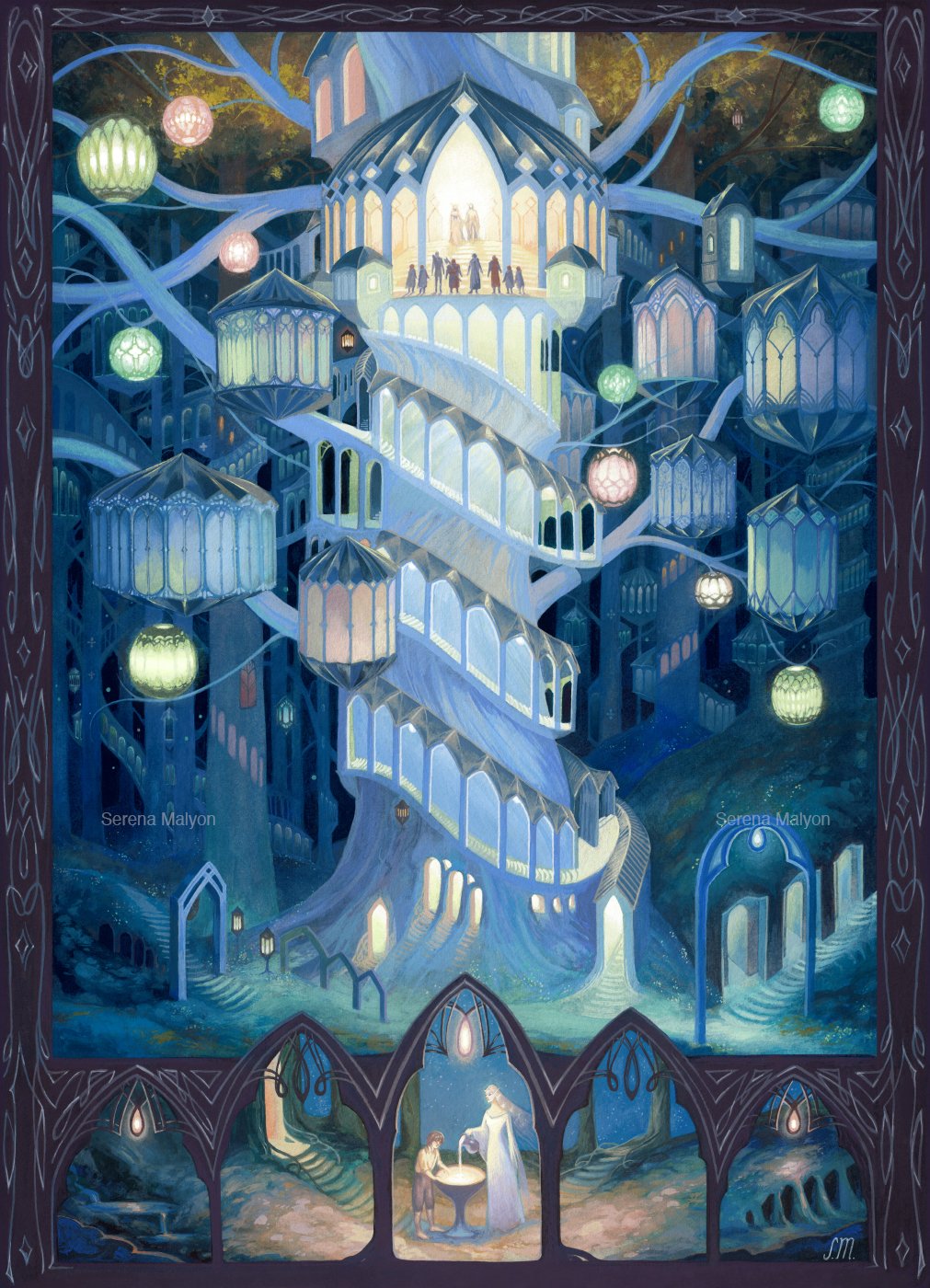 the image depicts a whimsical and ethereal elven city built within and around a giant tree. the city is illuminated by glowing lanterns of various colors, creating a magical and inviting atmosphere. the architecture is intricate and organic, blending seamlessly with the natural surroundings. a winding staircase leads up the trunk of the tree to a central platform where a group of elves are gathered. the overall mood of the image is one of peace, serenity, and enchantment.