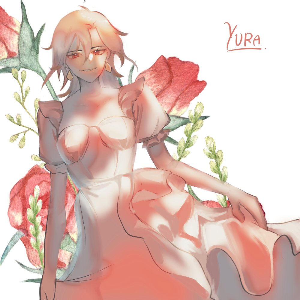 this is a digital painting of an anime girl with long white hair. she is wearing a white dress and is surrounded by flowers. the style of the art is watercolor and the overall tone is romantic and cute. the girl's expression is soft and dreamy, and she looks like she is in a state of bliss.