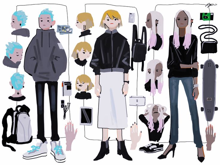 this is a digital illustration featuring a group of diverse girls, each with their unique style. the image showcases a variety of fashion choices including graphic tees, sweaters, jackets, and accessories like backpacks, shoes and even a skateboard. the girls are depicted in different poses with colorful hair and diverse hairstyles, creating a dynamic and energetic composition.  the artwork features a striking combination of bold colors and graphic elements, showcasing the artist's distinctive style.  the illustration captures the essence of contemporary youth culture, highlighting individual expression and selfdiscovery through fashion.