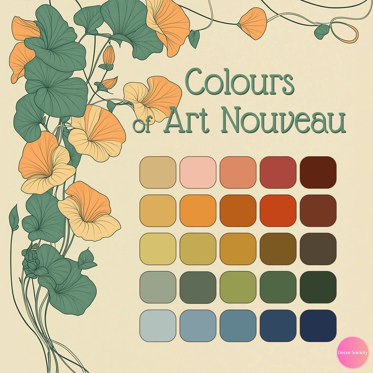 the image showcases an art nouveaustyle color palette with floral and leaf illustrations. on the left, there are stylized orange flowers and green leaves with flowing lines, a characteristic element of art nouveau. to the right, there's the text "colours of art nouveau" in an elegant typeface, alongside a series of color swatches arranged in a grid. the color palette consists of a variety of earthy and muted tones, including browns, oranges, greens, blues, and pinks. in the lower right corner is a small, pink logo for "decor society". the background of the image is a light beige color.
