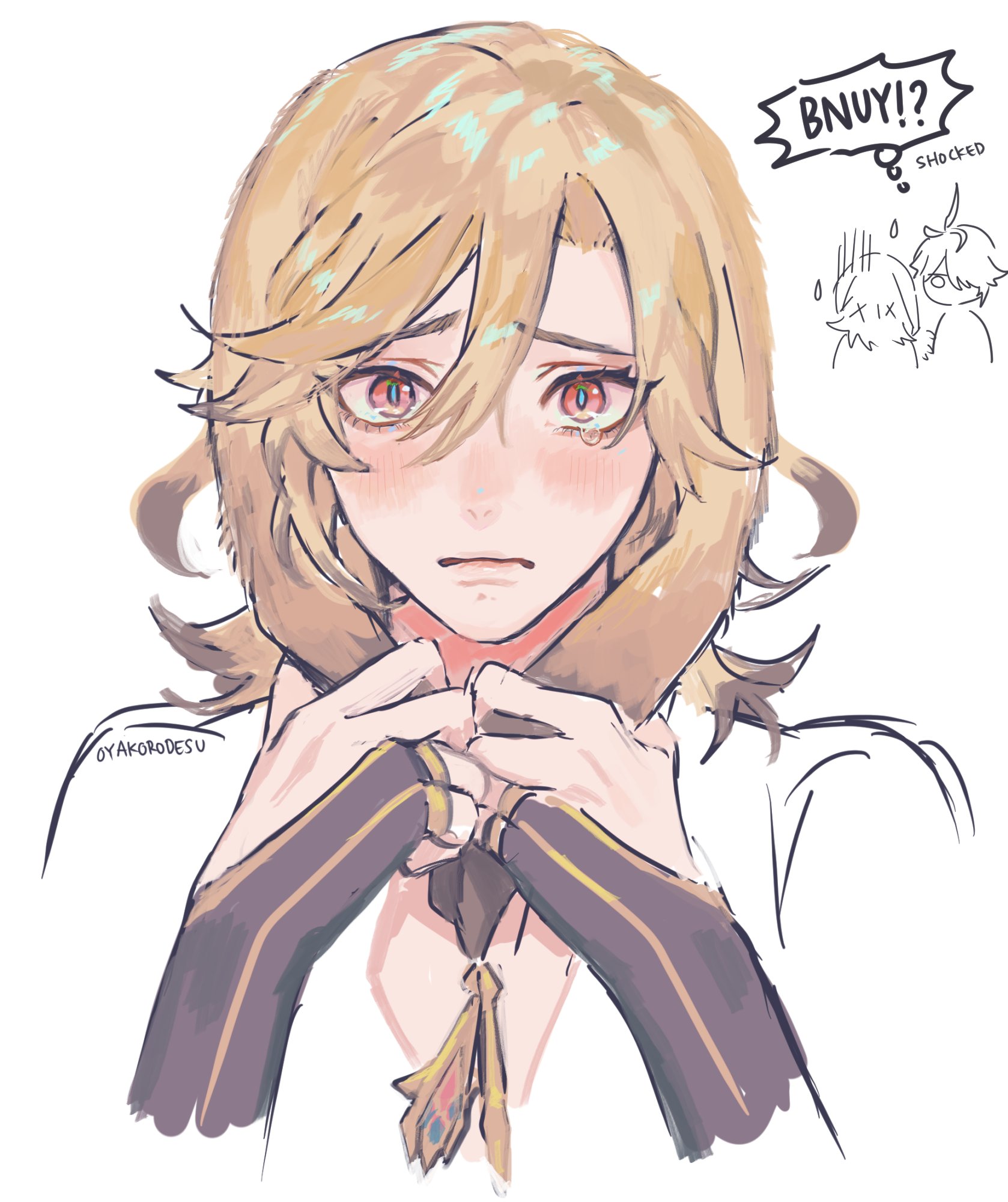 the image depicts a sad, animestyle character with blond hair. he is crying and has his hands pressed together near his face, looking distressed. the background is white, and there is a thought bubble above his head that says "bnuy!?" with a small, shocked character inside of it.