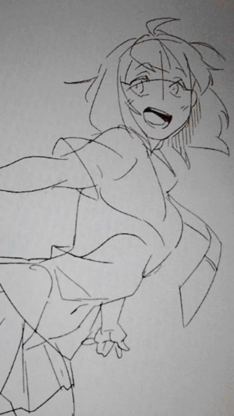 a dynamic penandink sketch of an animestyle girl. she has short hair, is wearing what appears to be a school uniform, and has a joyful expression on her face. the drawing style is loose and expressive, with visible line variation and a focus on capturing movement. the background is plain and uncolored, drawing full attention to the character.  the perspective is slightly from below, looking up at the character.
