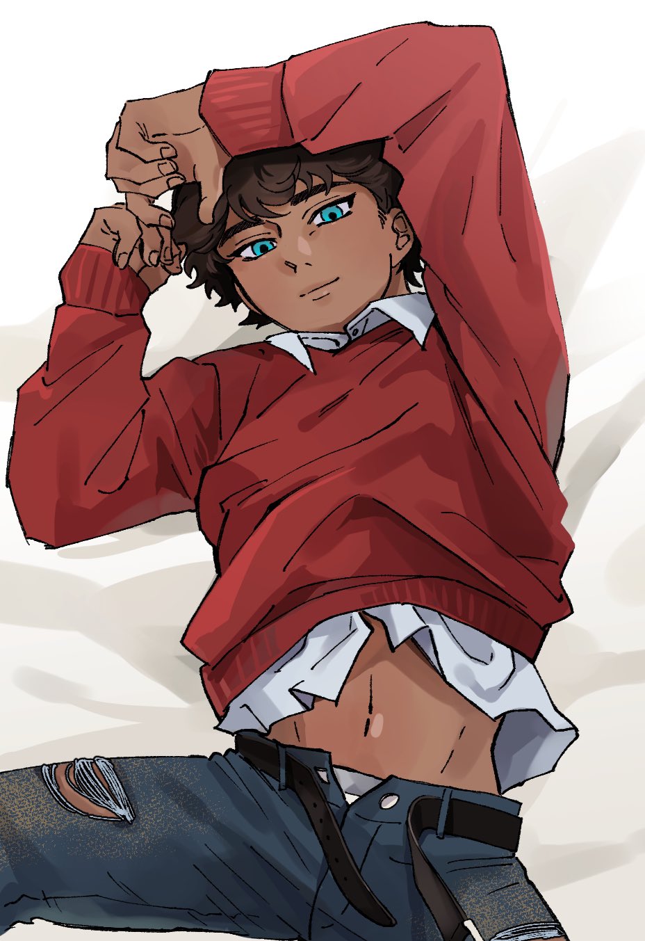 the image is a digital drawing or illustration of a young, attractive animestyle male character.  he appears to be a teenager with brown skin, dark curly hair, and striking bright blue eyes. he's wearing a red sweater, a white shirt partially visible underneath, and dark blue jeans with visible rips at the knees. he's lying on a white surface, arms casually behind his head, in a relaxed and comfortable pose. the art style is relatively soft and detailed, focusing on the character's expressive features and the texture of the clothing. the overall mood is one of casual ease and attractiveness.
