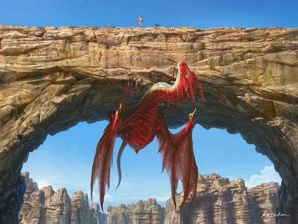 a red dragon clings to a rock arch spanning a canyon. above the arch, a person and a dog stand on the flat top of the formation. the sky is blue. other rock formations rise in the background.