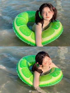 a young woman with black hair and fair skin poses with a lime slice shaped inflatable ring in the ocean. the photo is split into two parts: one where she is looking at the camera and smiling, and another where she is lying on the ring with her eyes closed. the water is a light blue and the sun is shining brightly.