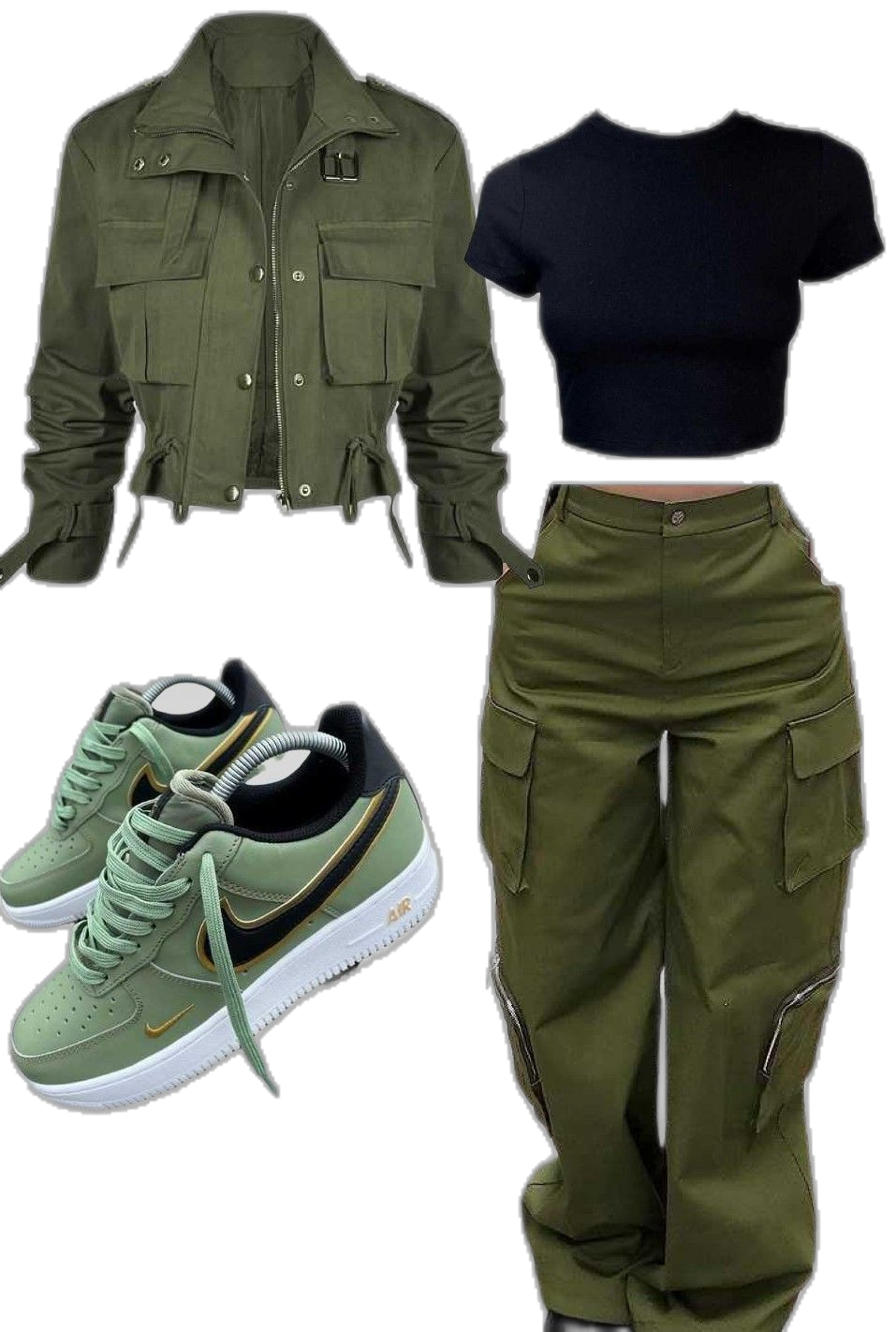 a woman's outfit consisting of a green jacket, black crop top, green cargo pants, and green and white air force ones.  the outfit is casual and streetwear inspired.