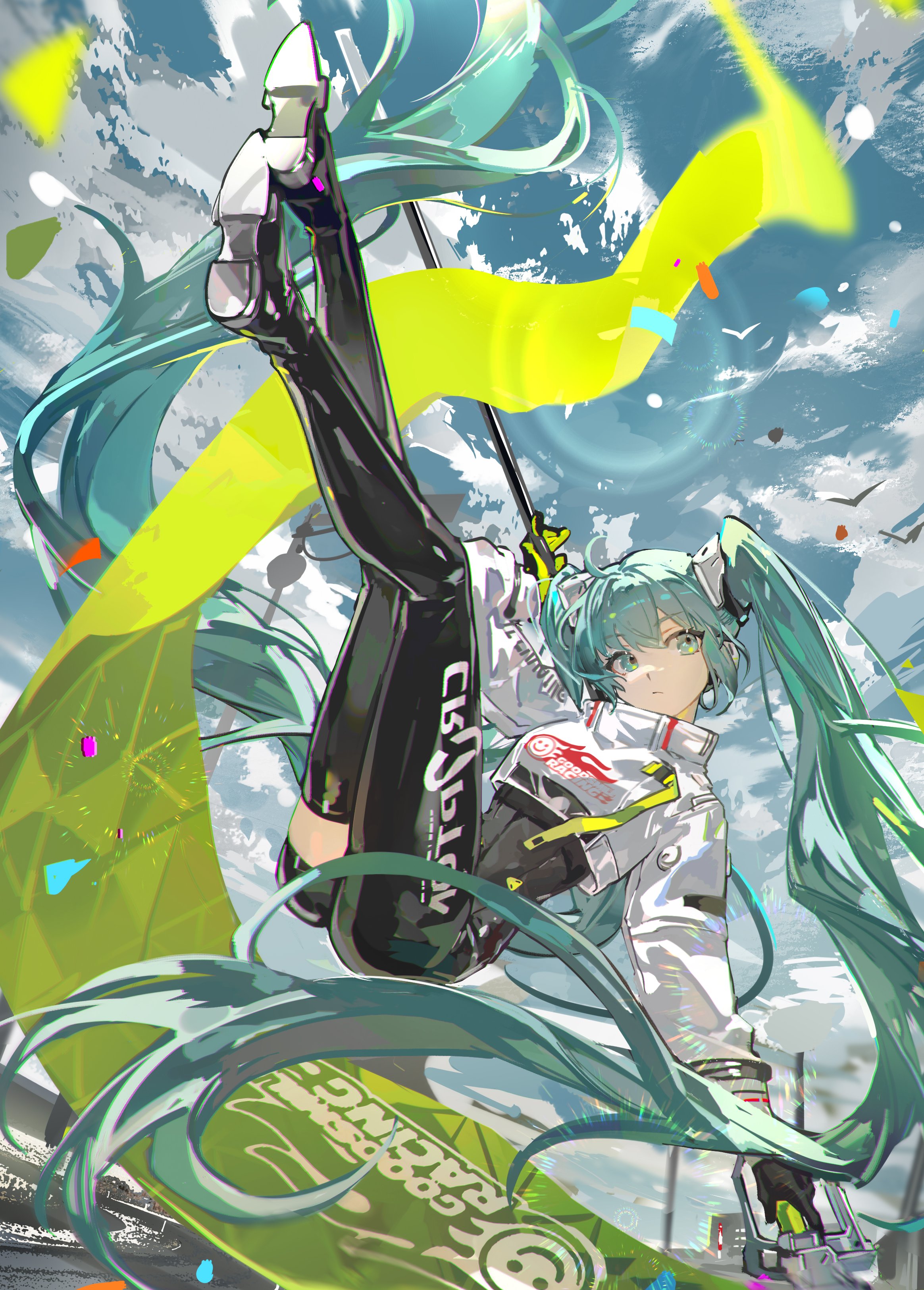 illustration of hatsune miku as a race queen wearing a white and black racing suit, glossy black leggings, and boots. she's leaning back with one leg raised high and bent at the knee. a yellow flag is behind her, with swirling turquoise strands resembling her twintails. confetti sprinkles around her, and a cloudy sky filled with birds is in the background. she is holding a flagpole in her hand. her racing suit has various brand logos and racing details. the background also includes promotional elements related to good smile racing.