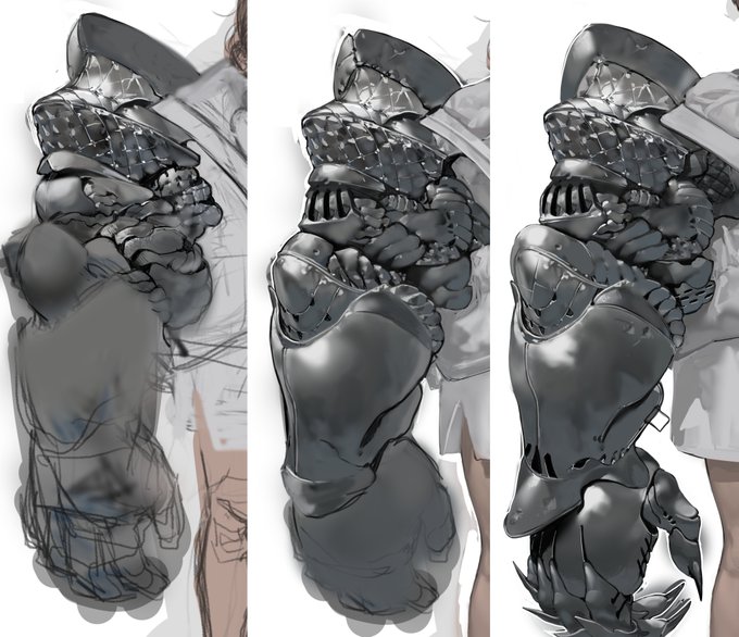 the image shows a threestage process of creating concept art for a mechanical arm or gauntlet.  the first stage presents a rough sketch, illustrating the basic shape and composition. the second stage refines the design, adding more detail and form to the mechanical components. the final stage shows a fully rendered version with detailed shading and texturing, emphasizing the metallic surface of the arm. the arm itself is complex and layered, with multiple components suggesting articulated movement.  the background subtly includes the suggestion of a person wearing or holding the piece of armor. the overall style is highly detailed and realistic in its portrayal of a futuristic mechanical element.