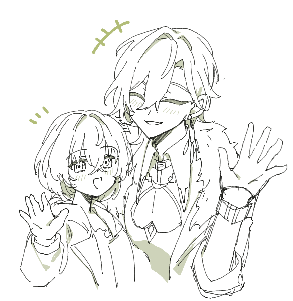 a handdrawn illustration of two anime characters, a girl and a boy, standing side by side with happy smiles. the boy is on the right side of the image, wearing a coat with a decorative collar. the girl is on the left side of the image, wearing a jacket with a collar. both characters have their right hands raised in a waving gesture. the illustration is done in black and white and features a soft, sketchy style. the background is white.