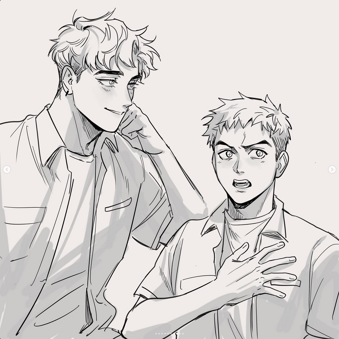the image is a black and white sketch of two young men. the man on the left is drawn with softer features and a slight smile, his hand gently touching his face as he gazes at the other man. the man on the right appears surprised and potentially flustered, his eyes wide and mouth open, while his hand clutches at his chest. the scene suggests a romantic tension between the two characters, with the man on the left potentially flirting or expressing affection.