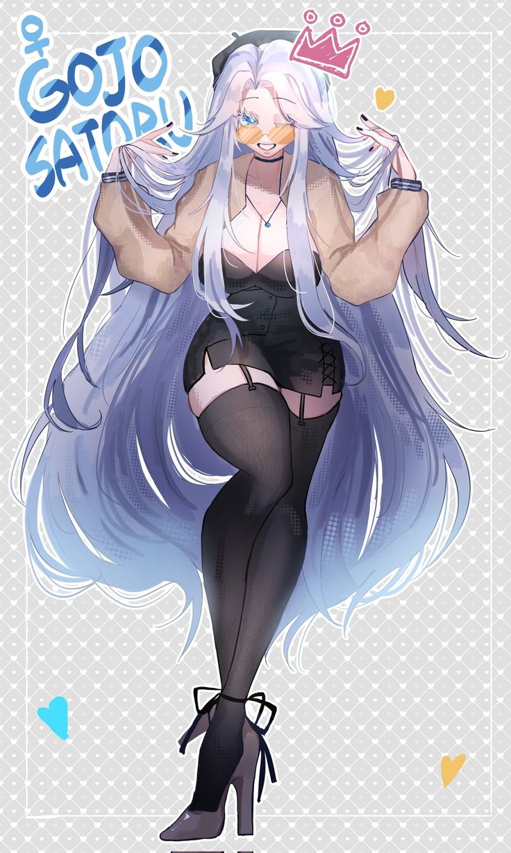 the image is a digital drawing of a stylized female anime character, seemingly inspired by gojo satoru.  she has long, flowing purple and blue hair, is wearing a beige cardigan, dark skirt, black stockings, high heels, and sunglasses. a small crown is depicted above her head. the background is a light gray with a subtle repeating pattern. the style is modern and fashionable, and the character is portrayed in a somewhat playful and confident pose.  the text "gojo satoru" is prominently displayed in stylized lettering.  small heart and crown shapes are scattered around the edges of the image.
