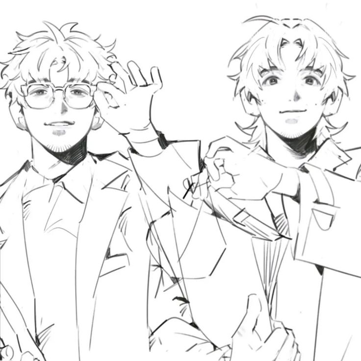 the image is a black and white line drawing or sketch depicting two young men.  they appear to be in a similar style of dress—suits or jackets—and one of them is wearing glasses. their poses are dynamic, with hands interacting with clothing and faces showing expressions.  the style is reminiscent of anime or manga art. the lines are loose and expressive, suggesting a quick sketch rather than a highly detailed rendering.  the drawing appears to focus on character design and pose, showing the interaction between two individuals.