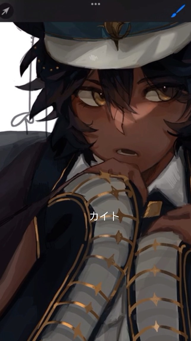 the image is a digital fanart depicting a male anime character. he has dark brown skin, black hair, and is wearing a darkcolored militarystyle uniform with gold detailing. his cap features a gold embellishment, and his sleeves are decorated with a pattern of gold stars. the character has a thoughtful and slightly mysterious expression, and his pose is closeup and intimate. the art style is stylized and elegant, with soft shading and detailed clothing.  the background is muted, drawing focus to the character. there's some japanese text visible on the image, but it is unclear.
