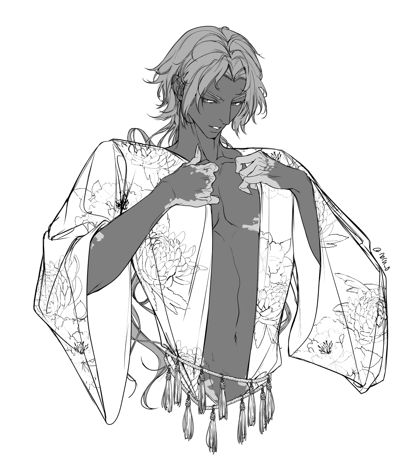 a sketch of a handsome anime man with long hair and a flowing kimono. he is standing with his chest exposed, looking down with a sensual and elegant pose. the kimono is decorated with floral patterns and tassels. the art style is black and white, emphasizing the lines and contours of the figure.