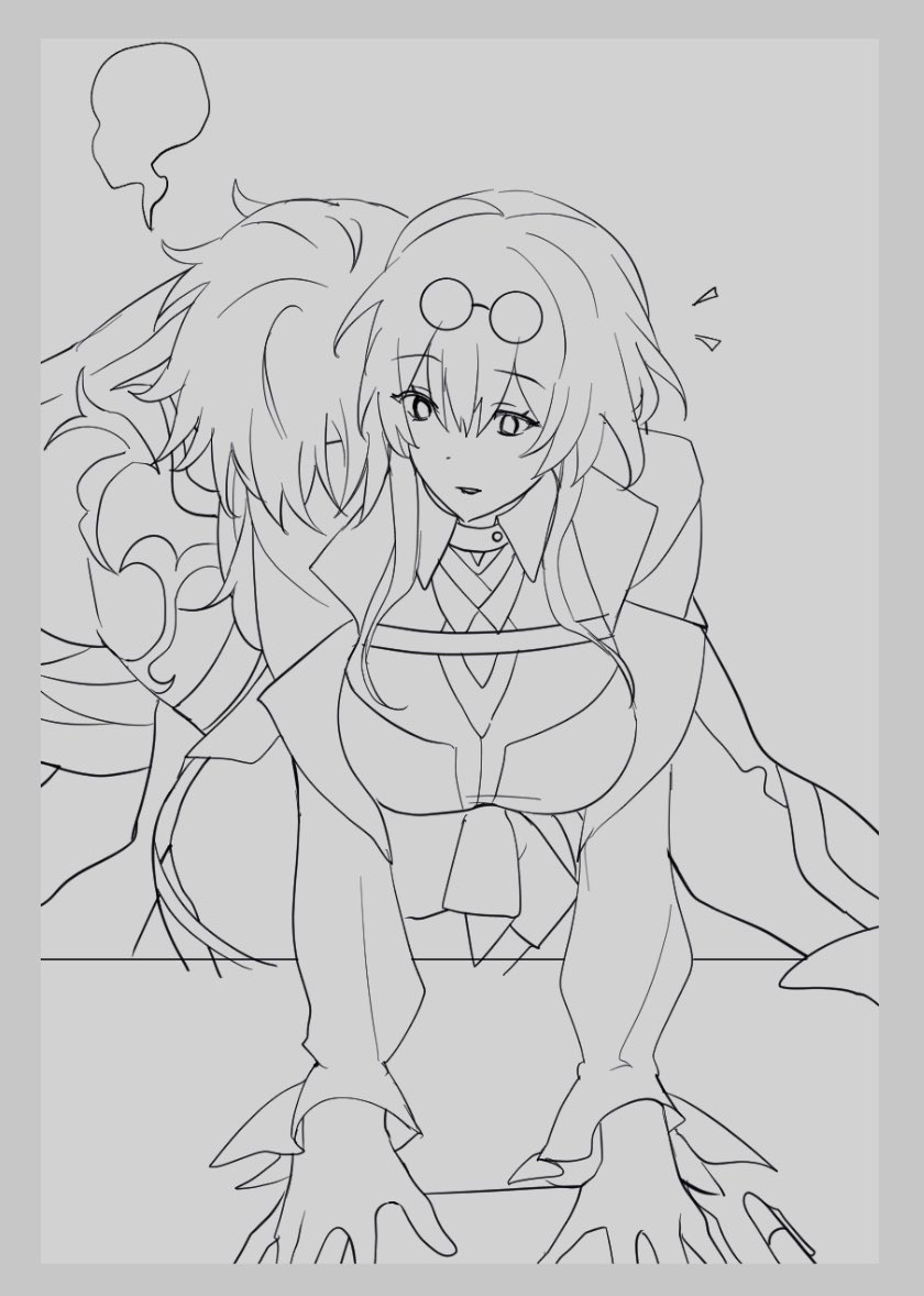this is a digital drawing of two anime girls.  one girl has black hair and the other has white hair. they are both looking down with a thoughtful expression. the one with black hair has glasses and is wearing a jacket with a shirt underneath. the girl with white hair is wearing a dress with a corset. the drawing is in black and white and appears to be unfinished, as it only includes the outline of the figures.