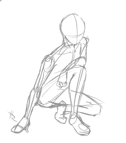 a rough sketch of a person in a sitting position, with a head slightly bent down, one leg bent and the other outstretched. the drawing is in grey and has a simple outline.
