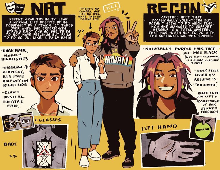 the image showcases two character profiles, nat and recan,  from an anime/manga style. each character profile features a detailed illustration of the character, along with a description of their appearance and personality traits. nat is a young female character with a dark personality. recan is a young male character with an easygoing personality.