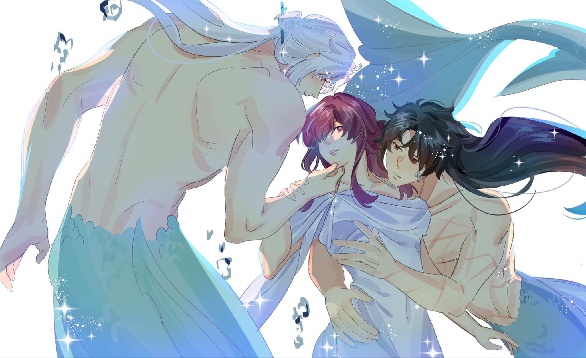 the illustration depicts a romantic scene with three mermaids. the woman in the center is wearing a white dress and surrounded by two mermen. on the left is the merman with white hair and a blue tail, and on the right is the merman with black hair and a blue tail. the merman with white hair has a loving gaze towards the woman, while the merman with black hair has a possessive look and his arm around the woman. they are all in a romantic embrace and appear to be in love. there are sparkles and other decorative elements in the background that give off a mystical and romantic feel.