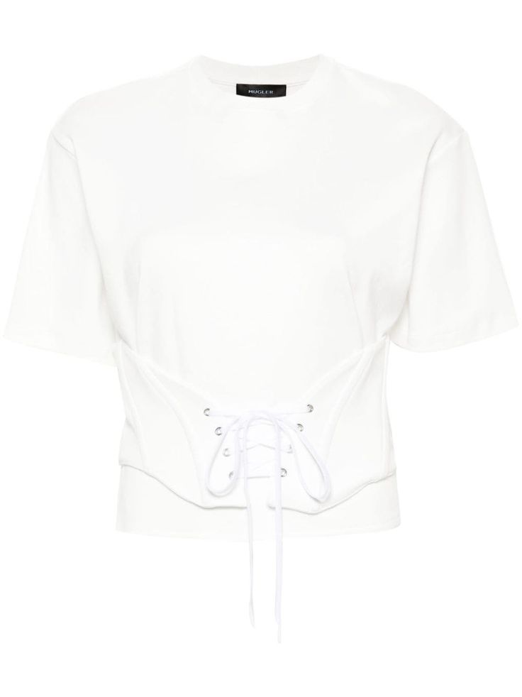a white cotton tshirt with a builtin corset, featuring a laceup detail in the front. the tshirt has a relaxed fit and short sleeves. it's a trendy and stylish piece that can be dressed up or down.